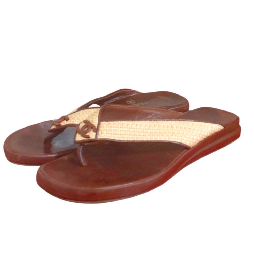 CHANEL Woven Straw And Brown Leather Thong Sandals Women's Size 6 - Picture 7 of 11